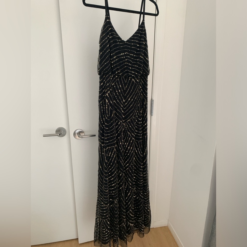 Adrianna Papell Gold Sequin Black Evening Gown | Size 6